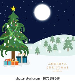 Christmas and New Year background with Christmas tree, winter landscape with snowflakes, stars. Merry Christmas card. Vector Illustration