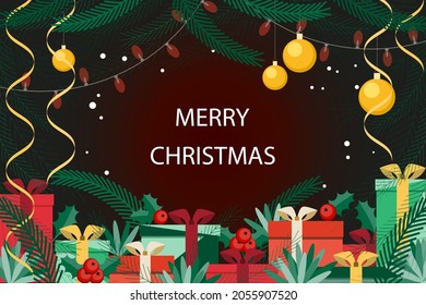 Christmas and New Year background. Christmas tree branches, gifts and Christmas balls. Christmas frame.