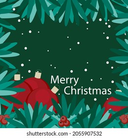 Christmas and New Year background. Christmas tree branches and Christmas balls. Christmas frame.