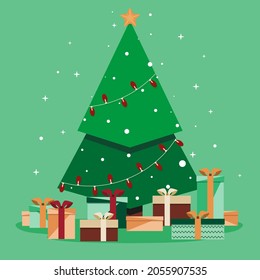 Christmas and New Year background. New Year tree, gifts.