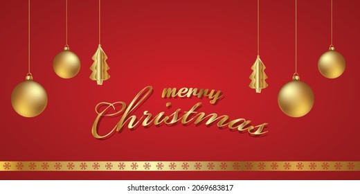 Christmas and New Year background. Christmas tree and ornaments Glass Balls hanging on ribbon. Bright in golden, Winter holiday composition. Greeting card, banner, poster, invitation, template.