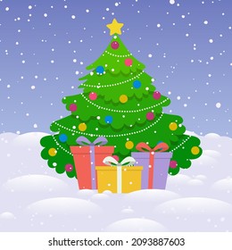 Christmas and new year background. Christmas tree with gift boxes. Vector illustration