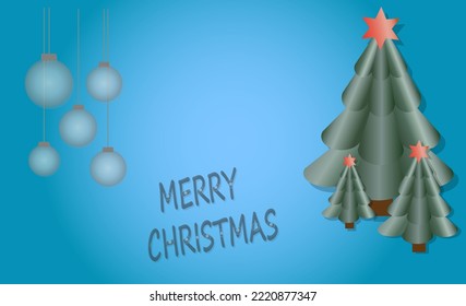 Christmas and New Year background. Christmas tree. Abstract Christmas trees on a blue background. Toys are hanging on a ribbon. Bright winter holiday composition. Greeting card, banner, poster. Vector