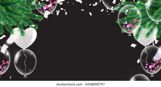 Christmas and New Year background with Christmas tree, balls and confetti.