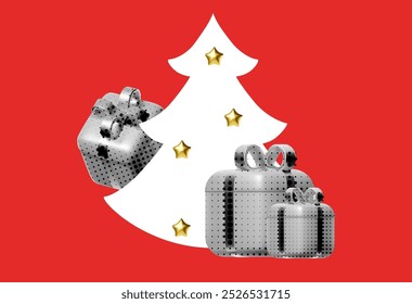 Christmas and New Year background. Christmas tree with gift boxes. Halftone Pop Art design. Greeting card, Sale banner, special offer poster