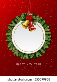 Christmas And New Year Background with tree branches and bells.  Vector illustration.