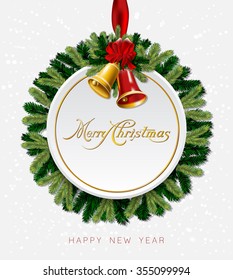 Christmas And New Year Background with tree branches and bells.  Vector illustration.