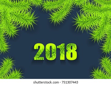 Christmas or New Year background with tree branch light green on dark creative trend style for congratulation or invitation with Merry Christmas or New Year or for celebration winter  holiday