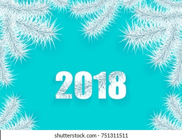 Christmas or New Year background with tree branch silver on cyan creative trend style for congratulation or invitation with Merry Christmas or New Year or for celebration winter  holiday