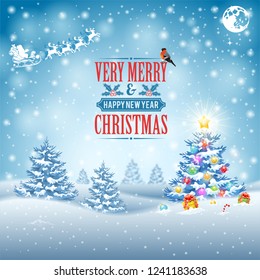 Christmas and New Year Background. Christmas Trees, Gifts, Label, Snowflakes, Bullfinch and Deers with Santa on Snowy background. Vector Template for Cover, Flyer, Brochure, Greeting Card