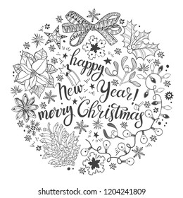 Christmas and New Year background. Vector illustration in the shape of a circle with  traditional festive elements and lettering.
