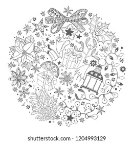 Christmas and New Year background. Vector illustration in the shape of a circle with  traditional festive elements.