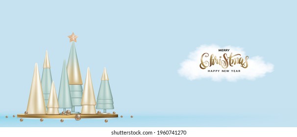 Christmas and New Year background. Vector 3d design Golden conical Christmas tree and balls.Luxury Studio room banner or header for the site with Xmas elements, Winter holiday Greeting card 2022 