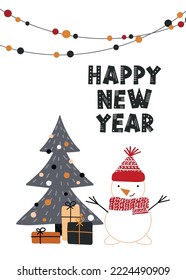 Christmas and New Year background. Vector hand drawn pine tree, snowman, gifts, garlands. Glass balls hang on a ribbon. Bright winter holiday composition in cartoon style. Postcard, banner, poster.
