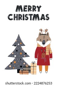 Christmas and New Year background. Vector hand-drawn pine tree, cartoon kind wolf, gifts, congratulation. Bright winter holiday composition in cartoon style. Postcard, banner, poster Merry Christmas.