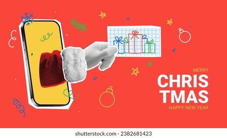 Christmas and New Year background. Vector illustration with retro Santa Claus hand coming out from phone and showing cut out paper card. Christmas or New Year collage, poster, greeting, social media.