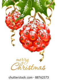 Christmas and New Year background. Vector holly in the shape of Xmas ball and golden ribbon