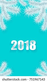 Christmas or New Year background vertical with tree branch silver on cyan blue creative trend style for congratulation or invitation with Merry Christmas or New Year or for mobile telephone 