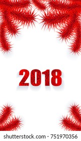 Christmas or New Year background vertical with tree branch red on white creative trend style for congratulation or invitation with Merry Christmas or New Year or for mobile telephone 