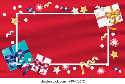 Christmas and new year background with white frame for copy space decorated with stars, balls, ribbons, snowflake and gift boxes on red silk fabric. Vector illustration.
