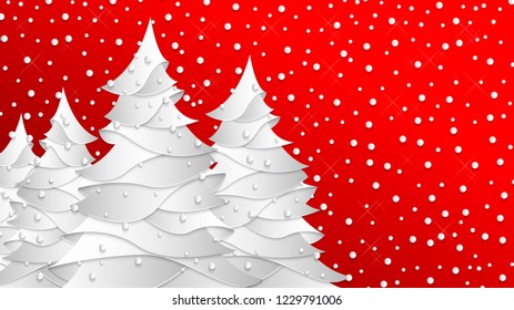 Christmas or New Year background. Winter wallpaper, white abstract сhristmas trees on red snowing background. 3d vector illustration, paper cut style.