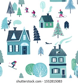 Christmas and New Year background. Winter seamless pattern of skiing holiday in countryside. 