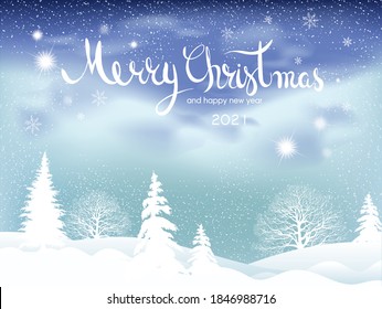 Christmas and New Year background with winter snowflakes landscape. Star night view. Typography vector design for greeting cards.
