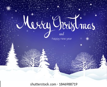 Christmas and New Year background with winter snowflakes landscape. Star night view. Typography vector design for greeting cards.