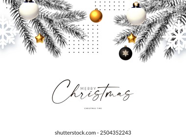 Navidades y antecedentes de Año Nuevo. Decoración de semitono de invierno. Oro y nieve. Rama de abeto con juguetes y copos de nieve