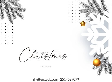 Christmas and New Year background. Winter halftone decoration. Gold and snow. Fir tree branch with toys and snowflakes