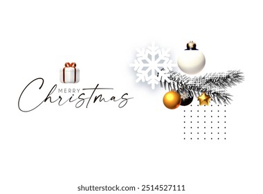 Christmas and New Year background. Winter halftone decoration. Gold and snow. Fir tree branch with toys and snowflakes