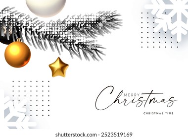 Christmas and New Year background. Winter halftone decoration. Gold and snow. Fir tree branch with toys and snowflakes