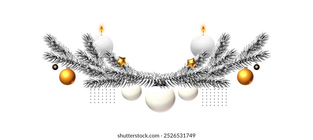 Christmas and New Year background. Winter halftone decoration. Fir tree branch border with balls and stars. Gold and snow.