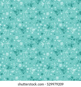 Christmas and New Year Background. Winter Seamless pattern with Hand drawn doodle Bird, Rabbit, gifts, holly berries, snowflakes, snow