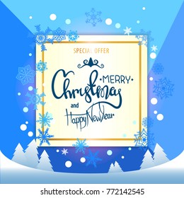 Christmas and New Year with background with winter landscape with snowflakes, trees and sky. Merry Christmas card. Vector Illustration