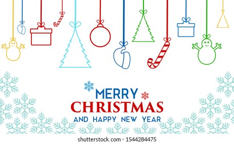 Christmas and New Year background. Xmas pine fir lush tree. Candy cane from cookies, golden gifts box. Glass Balls hanging on ribbon. Bright Winter holiday composition. Greeting card, banner, poster