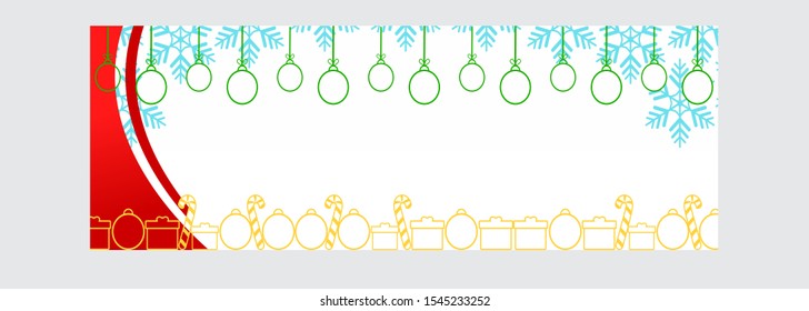 Christmas and New Year background. Xmas pine fir lush tree. Candy cane from cookies, golden gifts box. Glass Balls hanging on ribbon. Bright Winter holiday composition. Greeting card, banner, poster