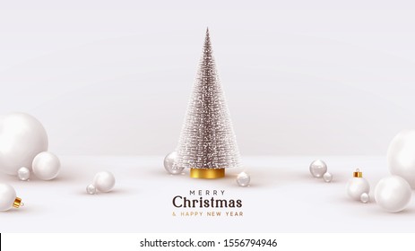 Christmas and New Year background. Xmas pine fir lush tree. White glass balls, transparent round 3d spheres, render illustration. Bright Winter holiday composition. Greeting card, banner, poster