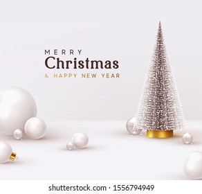 Christmas and New Year background. Xmas pine fir lush tree. White glass balls, transparent round 3d spheres, render illustration. Bright Winter holiday composition. Greeting card, banner, poster