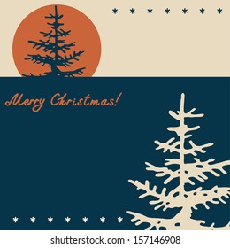 Christmas and New Year background, xmas retro gift template, abstract beautiful card, stylized forest with graphic christmas trees for design 