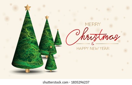 Christmas and New Year background. Xmas pine tree. Conical Abstract Gold Christmas Trees. Snowflakes hanging on ribbon. Bright Winter holiday composition. Greeting card, banner, poster