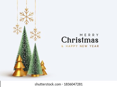 Christmas and New Year background. Xmas pine fir lush tree. Conical Abstract Gold Christmas Trees. Snowflakes hanging on ribbon. Bright Winter holiday composition. Greeting card, banner, poster
