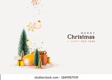 Christmas and New Year background. Xmas pine fir lush tree. Gold and green Christmas Trees. Snowflakes fall with bauble balls and confetti. Gift box and snow. Bright Winter holiday composition.