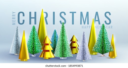 Christmas and New Year background. Xmas pine fir lush tree and 3d realistic conical abstract gold Christmas trees. Vector template for winter holidays greeting card, banner, poster, elements for Chris