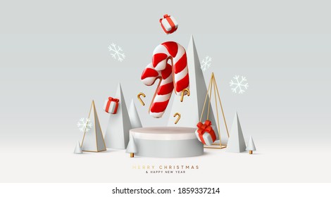 Christmas and New Year background. Xmas pine fir tree Abstract conical geometric. Red Candy cane from cookies, gifts box. Bright Winter holiday composition. Realistic 3d round stage, podium, studio.