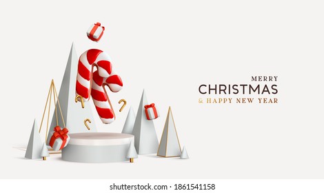 Christmas and New Year background. Xmas pine fir tree Abstract conical geometric. Red Candy cane from cookies, gifts box. Bright Winter holiday composition. Realistic 3d round stage, podium, studio.