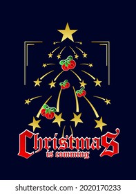 Christmas and New Year background. Xmas pine fir lush tree. Candy cane from cookies, golden gifts box. Glass Balls hanging on ribbon. Bright Winter holiday composition. Greeting card, banner, poster