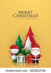 Christmas and New Year background. Xmas tree. golden gifts box. Santa Claus and snowman. Bright Winter holiday composition. Greeting card, banner, poster