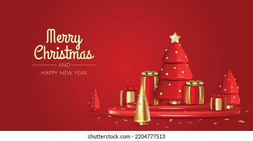 Christmas and New Year background. Xmas background with Christmas tree, gifts, balls, snowflakes. Greeting card, banner, poster