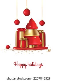 Christmas and New Year background. Xmas background with Christmas tree, gifts, balls, snowflakes. Greeting card, banner, poster